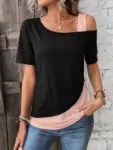 Chic-Color-Blocking-Short-Sleeved-Women-Solid-Color-Off-Shoulder-Asymmetric-T-Shirt-Female-Summer-Casual