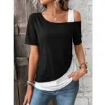 Chic-Color-Blocking-Short-Sleeved-Women-Solid-Color-Off-Shoulder-Asymmetric-T-Shirt-Female-Summer-Casual