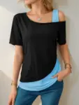 Chic-Color-Blocking-Short-Sleeved-Women-Solid-Color-Off-Shoulder-Asymmetric-T-Shirt-Female-Summer-Casual