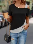 Chic-Color-Blocking-Short-Sleeved-Women-Solid-Color-Off-Shoulder-Asymmetric-T-Shirt-Female-Summer-Casual