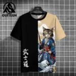 Men-s-T-Shirt-Cartoon-Cat-Graphic-Japanese-Samurai-Print-Casual-Pullover-For-Men-Top-Loose