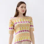 Pleated-polka-dot-round-neck-short-sleeved-top-2024-summer-new-Korean-style-sweet-printed-slim