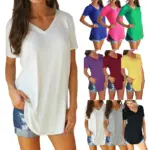 Summer-solid-color-blouse-V-neck-short-sleeve-loose-T-shirt-hem-arc-women-clothes